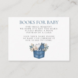 Boeken voor baby in denimblauwe babyborrel voor ba informatiekaartje