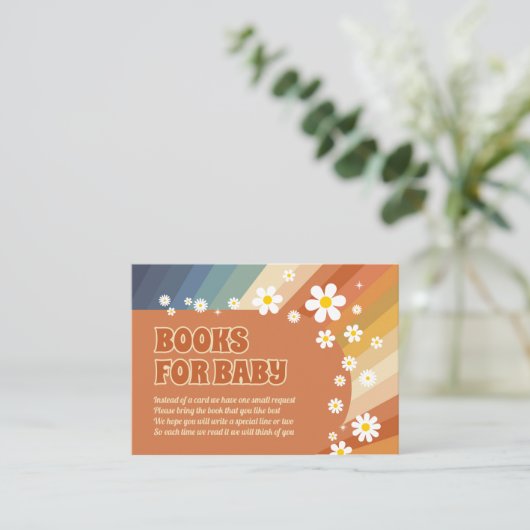 Boeken voor baby retro regenboog hippie madeliefje informatiekaartje (Staand voorkant)