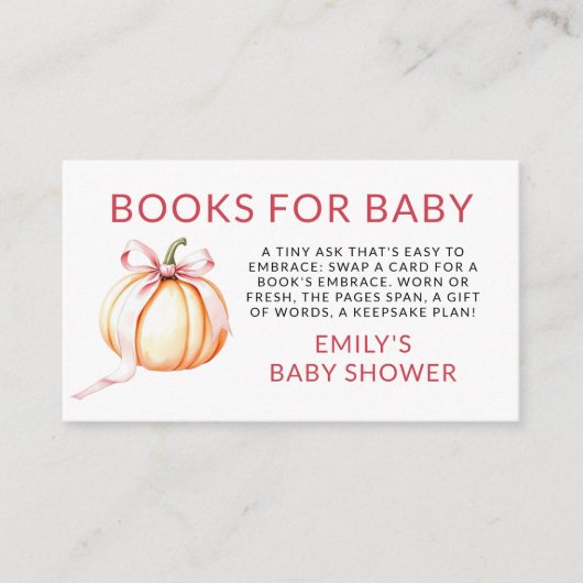 Boeken voor Baby shower Pink Bow Pumpkin Informatiekaartje (Voorkant)