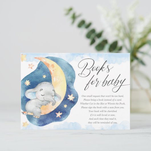 Boeken voor baby slapende olifant moon stars boy informatiekaartje (Staand voorkant)
