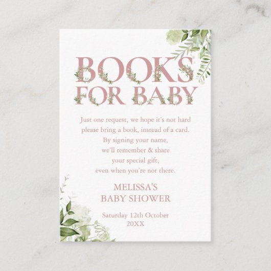Boeken voor babyboekverzoek Roze baby shower Informatiekaartje (Voorkant)