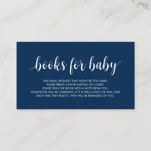 Boeken voor het baby, Modern Cute Navy Blue Script Informatiekaartje (Voorkant)