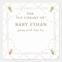 Boekenbibliotheek voor baby shower met honingbij vierkante sticker