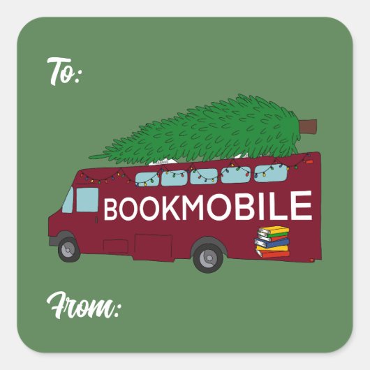 Boekenbus met Kerstboom Kerstlabel Vierkante Sticker (Voorkant)