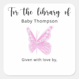 Boekenlegger voor baby shower met vlinder, boeken vierkante sticker
