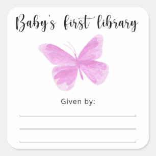 Boekenlegger voor baby shower met vlinder, boeken  vierkante sticker