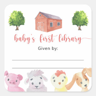 Boekenlegger voor boerderij baby shower, boeken vo vierkante sticker