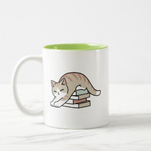 Boekenliefhebber Kattenillustratie - Opgerold & Ge Tweekleurige Koffiemok