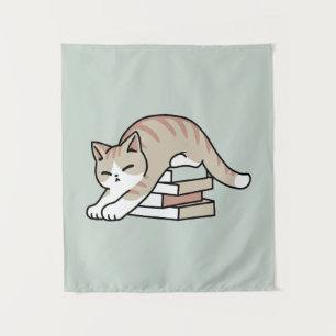 Boekenliefhebber Kattenillustratie - Opgerold & Ge Wandkleed