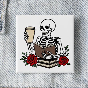 Boekenliefhebbers Grappige Boeken en Koffie Skelet Vierkante Button 5,1 Cm
