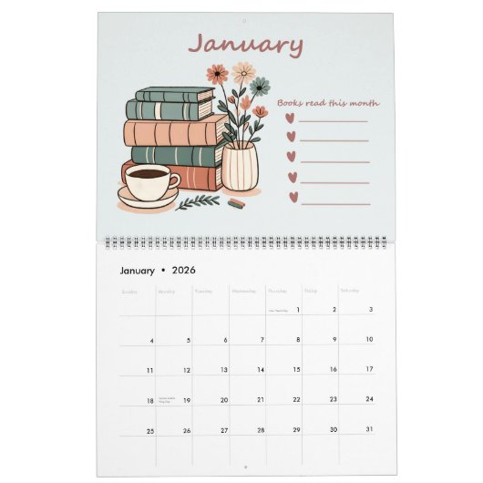 Boekenliefhebbers met boekenlijst kalender (Jan 2026)