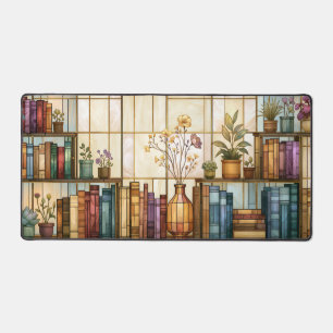 Boekenplank met botanische glas-in-lood bibliothee bureaumat