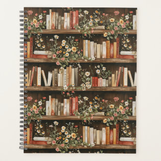 Boekenplanken met bloemen en boeken planner