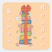 Boekenstapel met Red Bow Super Reader-Stickers Vierkante Sticker (Voorkant)