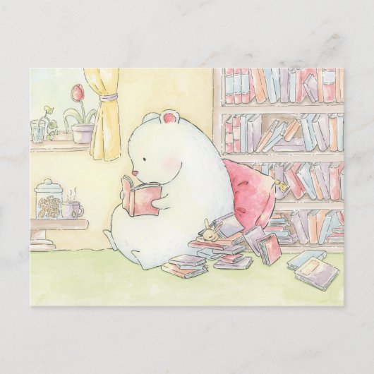 Boekenwormen bibliotheek polar beer bunny aquarel briefkaart (Voorkant)