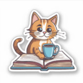 Boekenwurm Kat met Koffie Waterdicht Sticker (Voorkant)