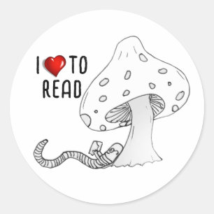 Boekenwurm onder een paddestoel ronde sticker