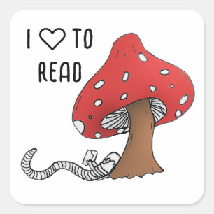 Boekenwurm onder een paddestoel vierkante sticker