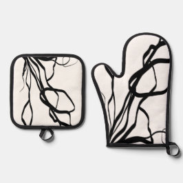 Boeket Blanc: Abstract Wit & Zwart Ovenwant & Pannenlap Set