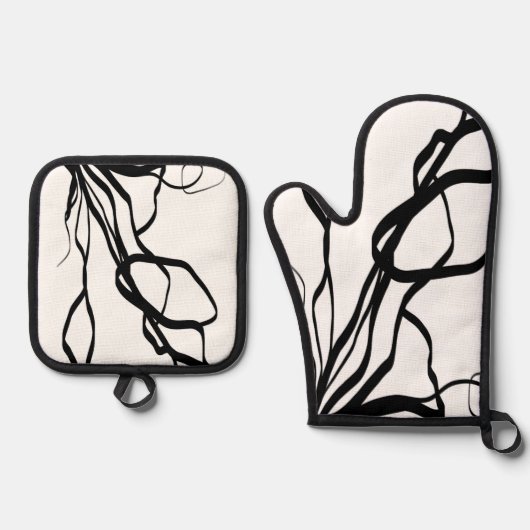 Boeket Blanc: Abstract Wit & Zwart Ovenwant & Pannenlap Set (Voorkant)