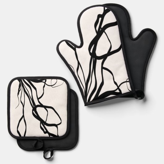 Boeket Blanc: Abstract Wit & Zwart Ovenwant & Pannenlap Set (Voorkant / Achterkant)