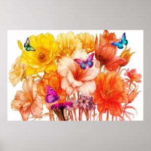 Boeket Bloemen en Vlinders op Mooie Muur Poster