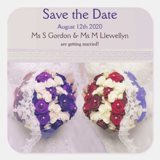 Boeket Bruiden Lesbisch Bruiloft Save the Date Vierkante Sticker (Voorkant)