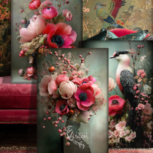 Boeket Couture, Vogel, Portret & Bloem Kunst Set Inpakpapier Vel