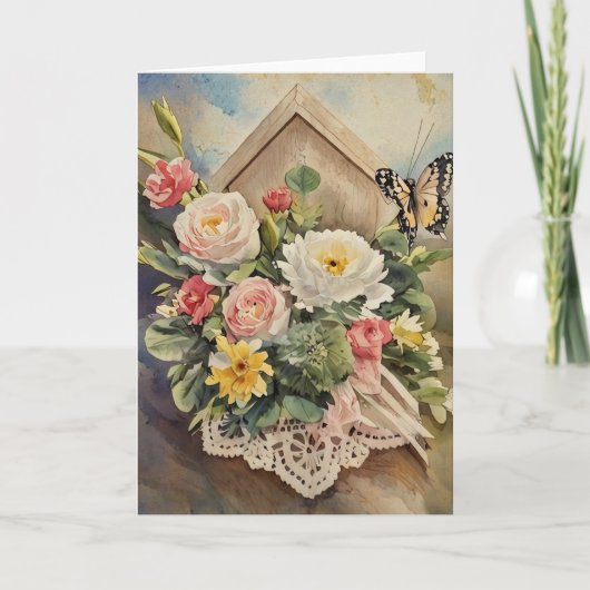 Boeket en Butterfly Verjaardag Kaart (Voorkant)