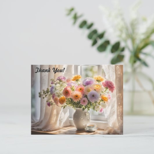 Boeket en Theekop Ochtend Briefkaart (Staand voorkant)