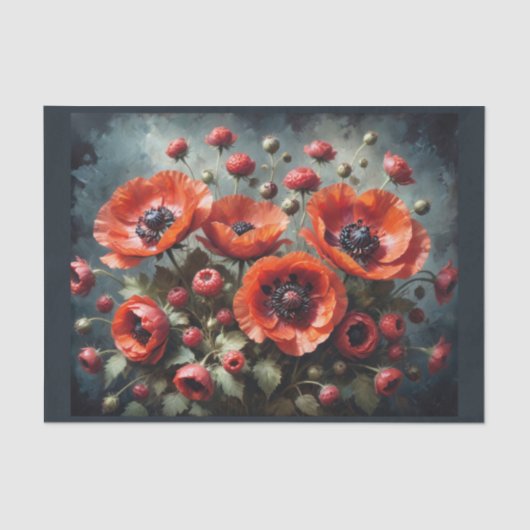 Boeket klaprozen bloemen tegen donkere achtergrond tissuepapier (Voorkant)