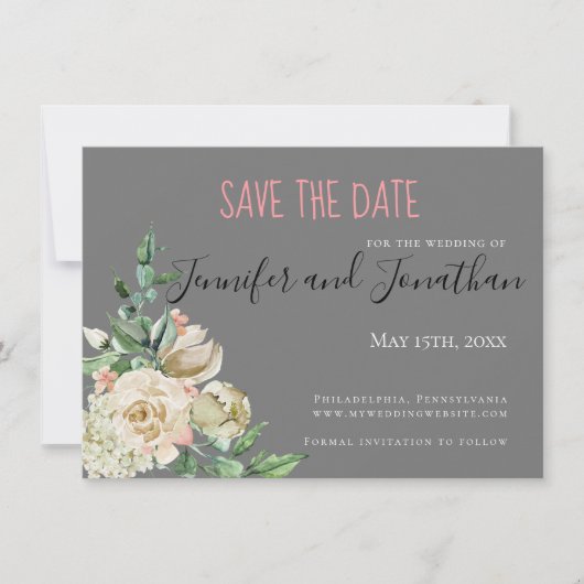 Boeket Kleine Witte Rozen Trouwkaart Save the Date (Voorkant)