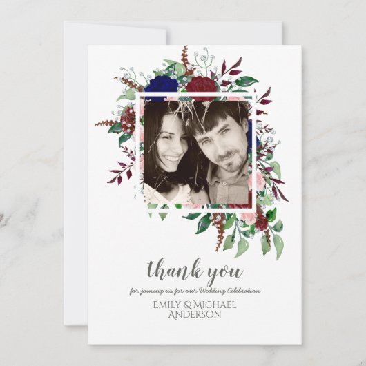 Boeket Marsala Blauwe Roze Bloemen DANK JE WEL Kaart (Voorkant)