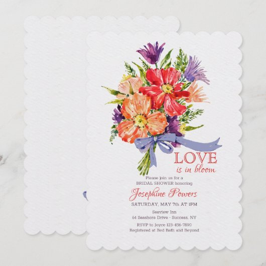 Boeket met blauwe lint uitnodiging (Voorkant / Achterkant)