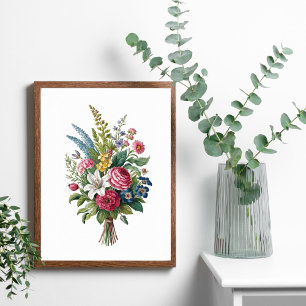 Boeket met Oude Roze Blauwe Gele Witte Veldbloemen Poster