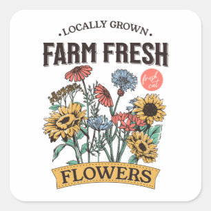 Boeket met verse snijbloemen uit de biologische la vierkante sticker