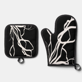 Boeket Noir: Abstract Zwart & Wit Ovenwant & Pannenlap Set