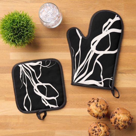 Boeket Noir: Abstract Zwart & Wit Ovenwant & Pannenlap Set (Top down)