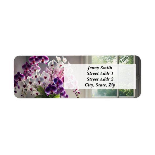 Boeket orchideeën bij het raam etiket (Voorkant)