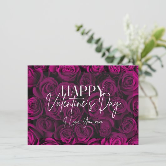 Boeket Paarse Rozen Happy Valentijnsdag Kaart (Staand voorkant)