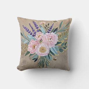 Boeket pioenen lavendel bloemen rustiek kussen