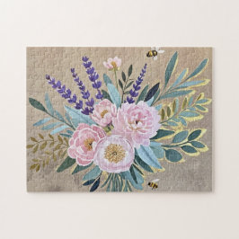 Boeket pioenen lavendel bloemen rustiek legpuzzel