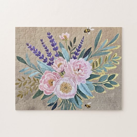 Boeket pioenen lavendel bloemen rustiek legpuzzel (Horizontaal)