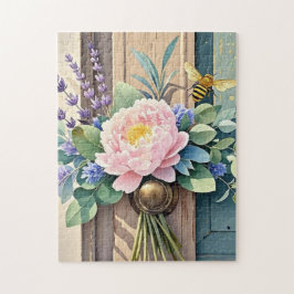 Boeket pioenen lavendel bloemen rustiek legpuzzel