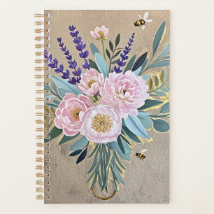Boeket pioenen lavendel bloemen rustiek planner