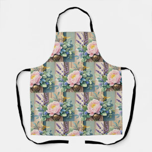 Boeket pioenen lavendel bloemen rustiek schort