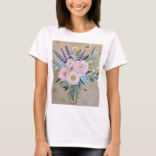 Boeket pioenen lavendel bloemen rustiek t-shirt (Voorkant)