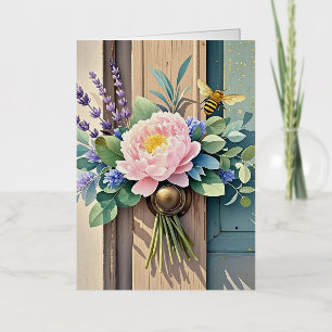 Boeket pioenrozen lavendelbloemen Rustiek Folie Wenskaart