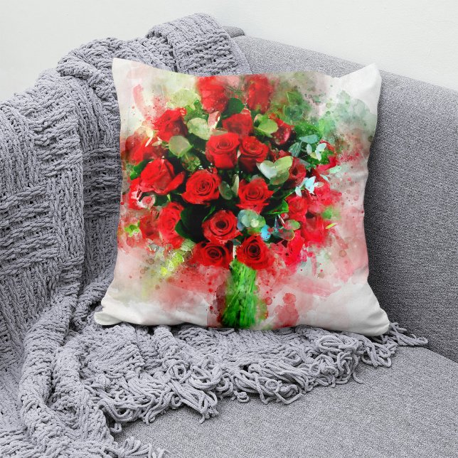 Boeket Rode Rozen Aquarel op Witte Achtergrond Kussen (Red Roses Bouquet Watercolor on White Background. Throw Pillow)
