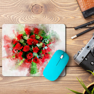 Boeket Rode Rozen Aquarel op Witte Achtergrond Muismat